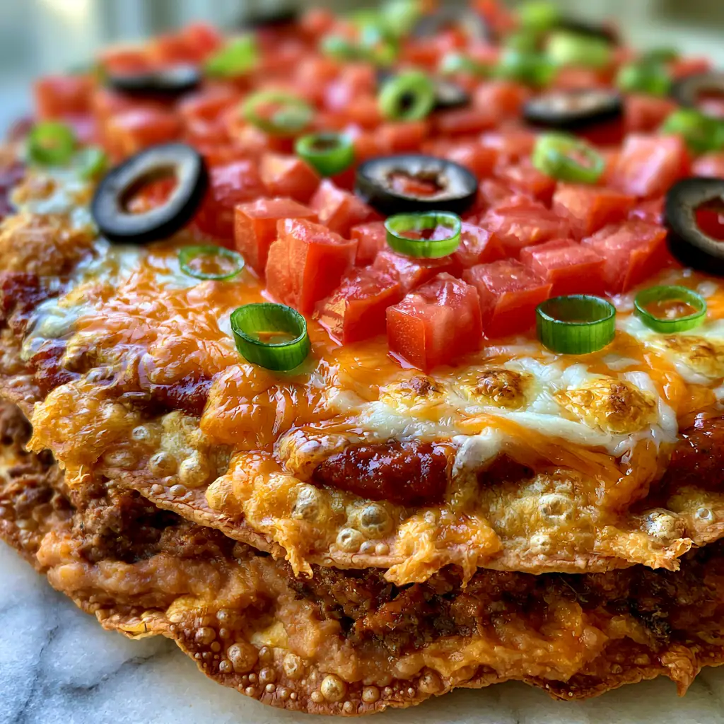 A side view of the two-layer stack of a Taco Bell Mexican Pizza with beef and beans. (taco bell mexican pizza)