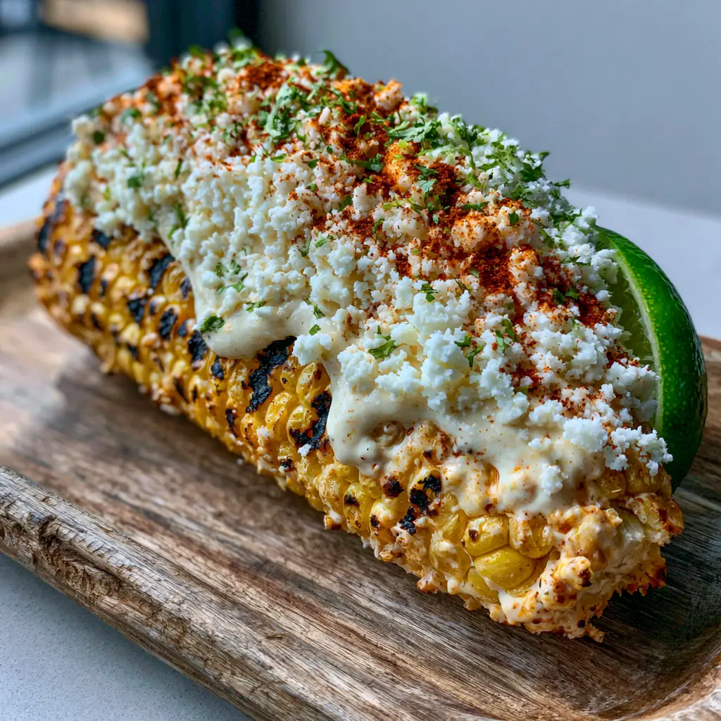 A single cob of Mexican street corn featuring emerald green cilantro and a fresh lime wedge on a neutral background.