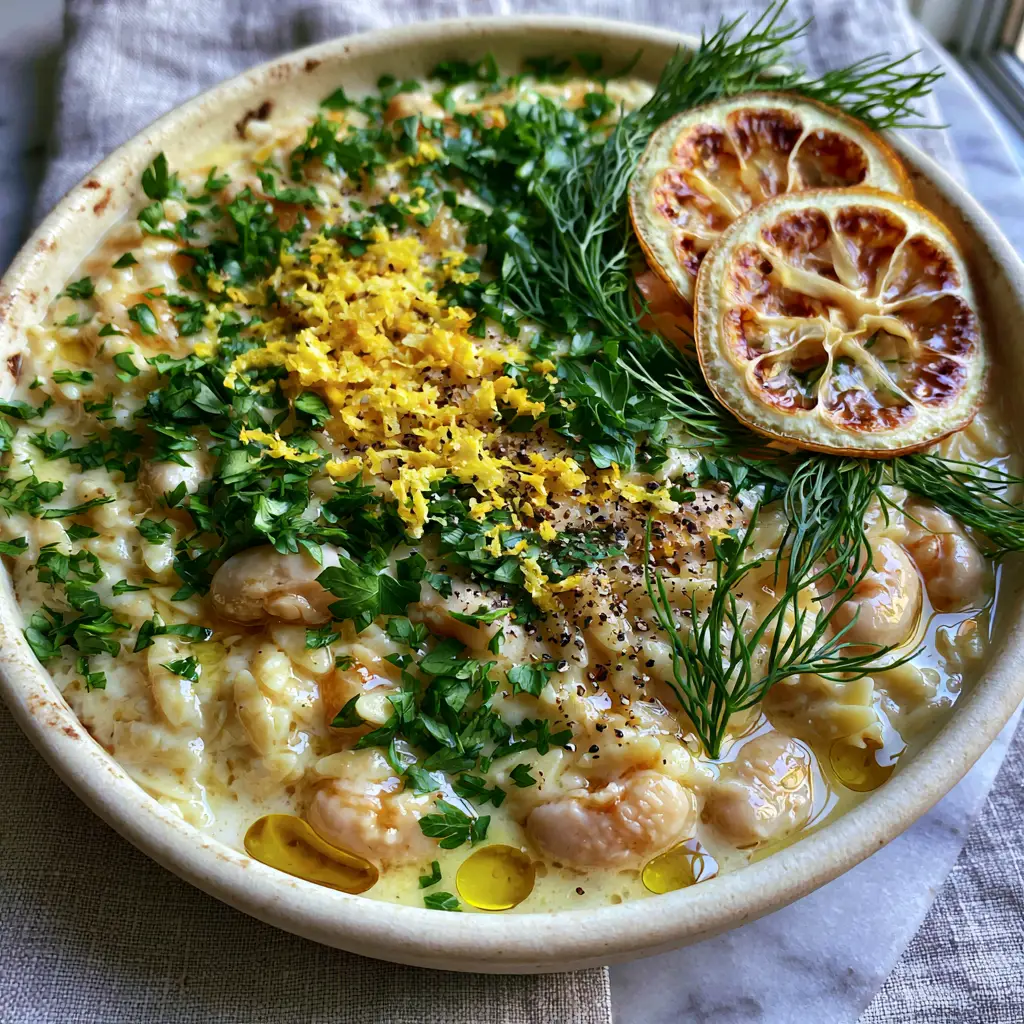 Rustic ceramic bowl filled with creamy orzo, white beans, and charred lemon slices.