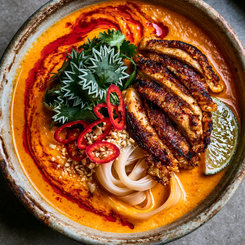 Succulent pan-seared chicken thighs with golden edges served over a bed of Thai spicy noodles.