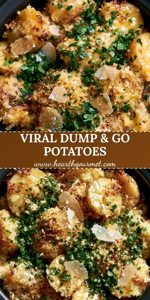 A top-down macro shot of a slow cooker potato dish with halved baby golds, golden parmesan crust, and fresh parsley in a matte black ceramic bowl.