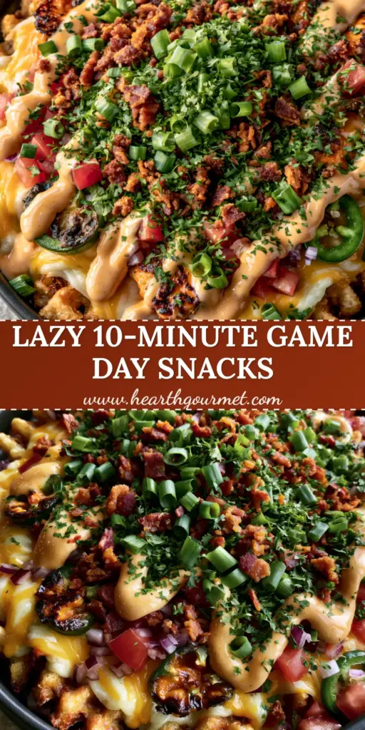 A top-down view of loaded game day food waffle fries with melted cheese, seared jalapenos, and buffalo ranch drizzle on a black tray.