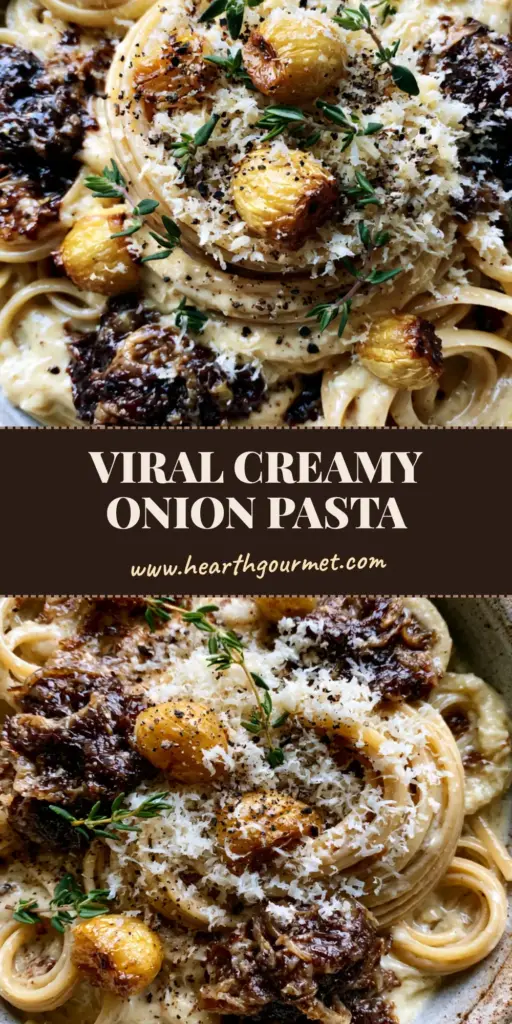 Caramelized Onion Pasta with Roasted Garlic and Silky Parmesan Cream 4 Overhead shot of Caramelized Onion Pasta in a ceramic bowl with jammy balsamic onions and fluffy parmesan.