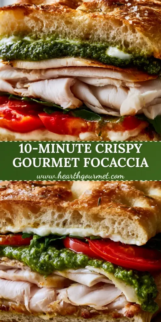 A vertical macro eye-level cross-section of gourmet Italian Turkey Focaccia Sandwiches featuring layers of herb-roasted turkey ribbons, melted provolone, and vibrant heirloom tomatoes.