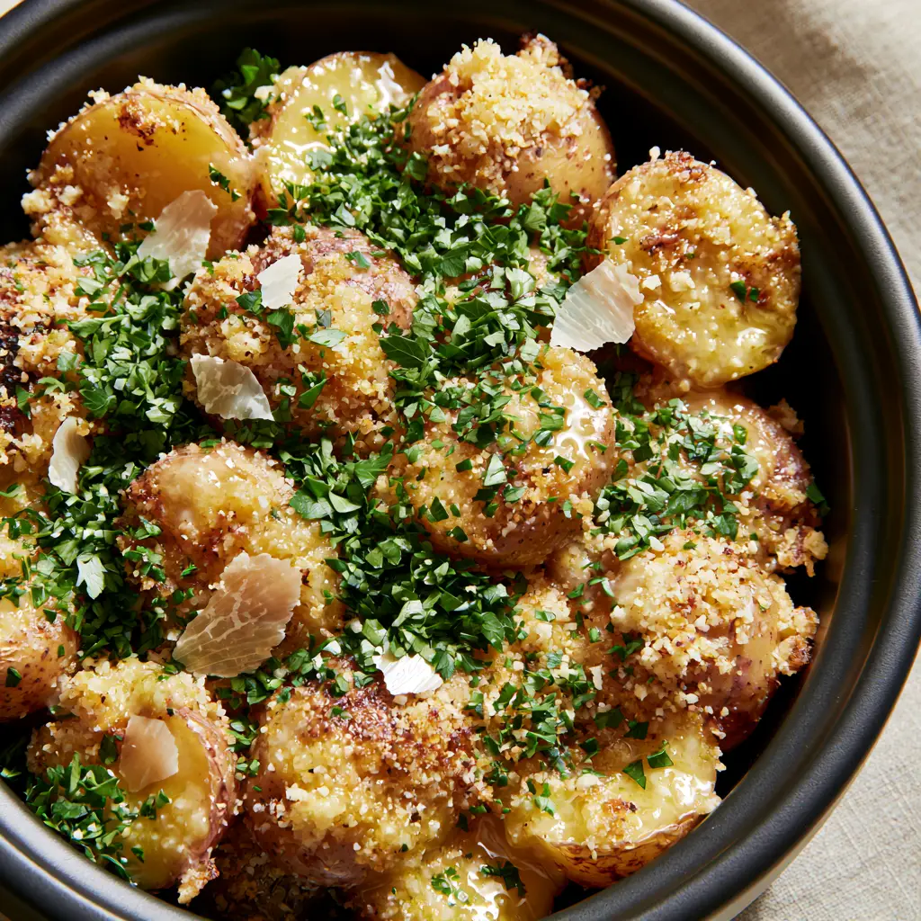 A top-down shot of a slow cooker potato dish featuring a thick parmesan and breadcrumb crust with vibrant green parsley.