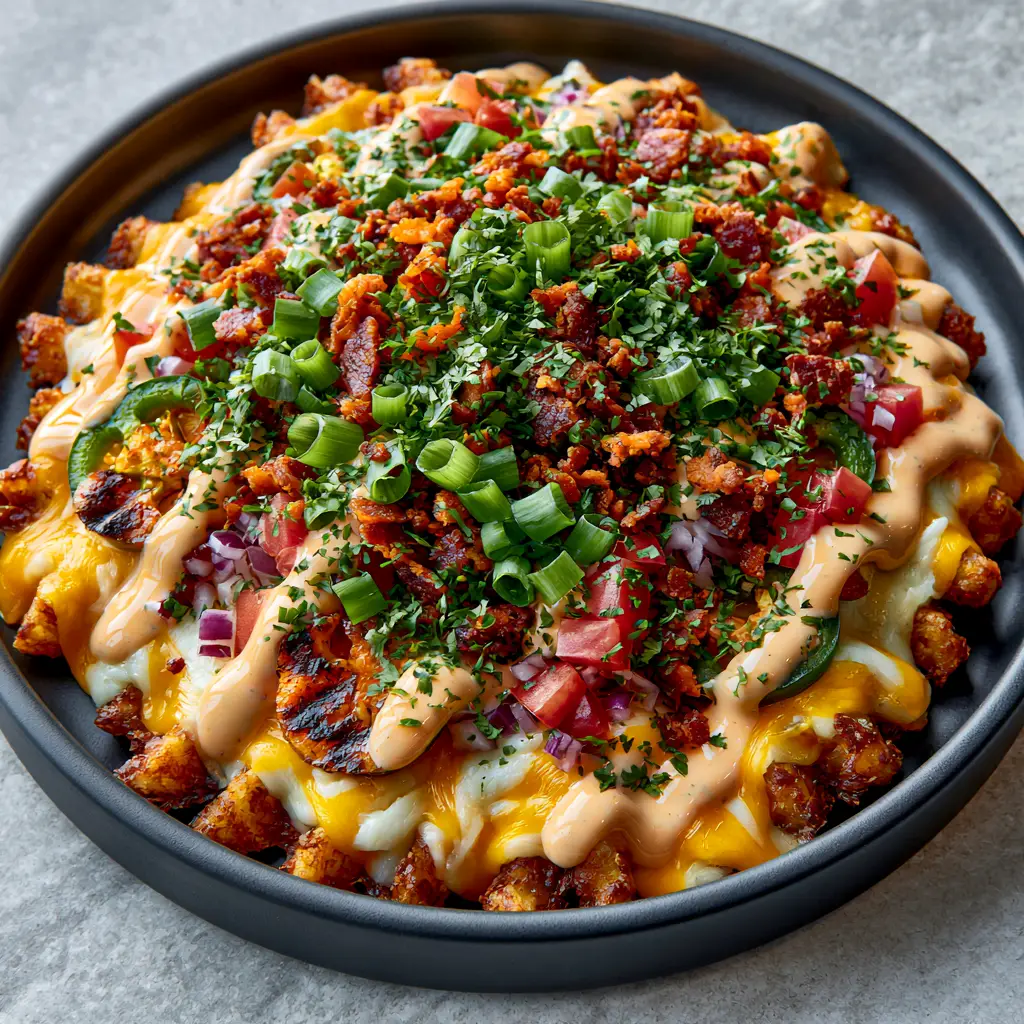 Close up of glossy buffalo ranch drizzle over crispy bacon and charred jalapenos on a game day food platter.