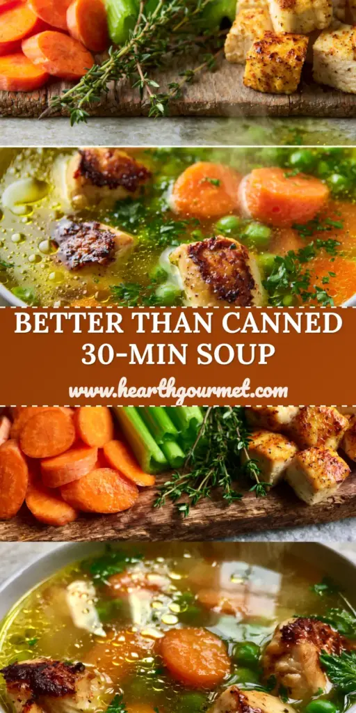 A vertical Pinterest pin showing a top-down view of raw soup ingredients and a bottom macro shot of steaming chicken and vegetable soup in a white bowl.