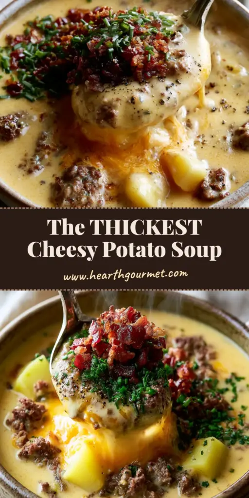 A rustic stoneware bowl overflowing with ultra-thick potato hamburger soup, featuring a massive cheese pull, crispy bacon bits, and fresh chives.