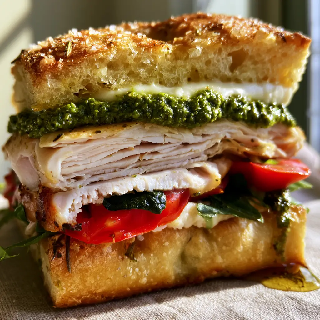 Side view of an Italian Turkey Focaccia Sandwich showing the thick basil pesto and melted cheese dripping slightly down the side.
