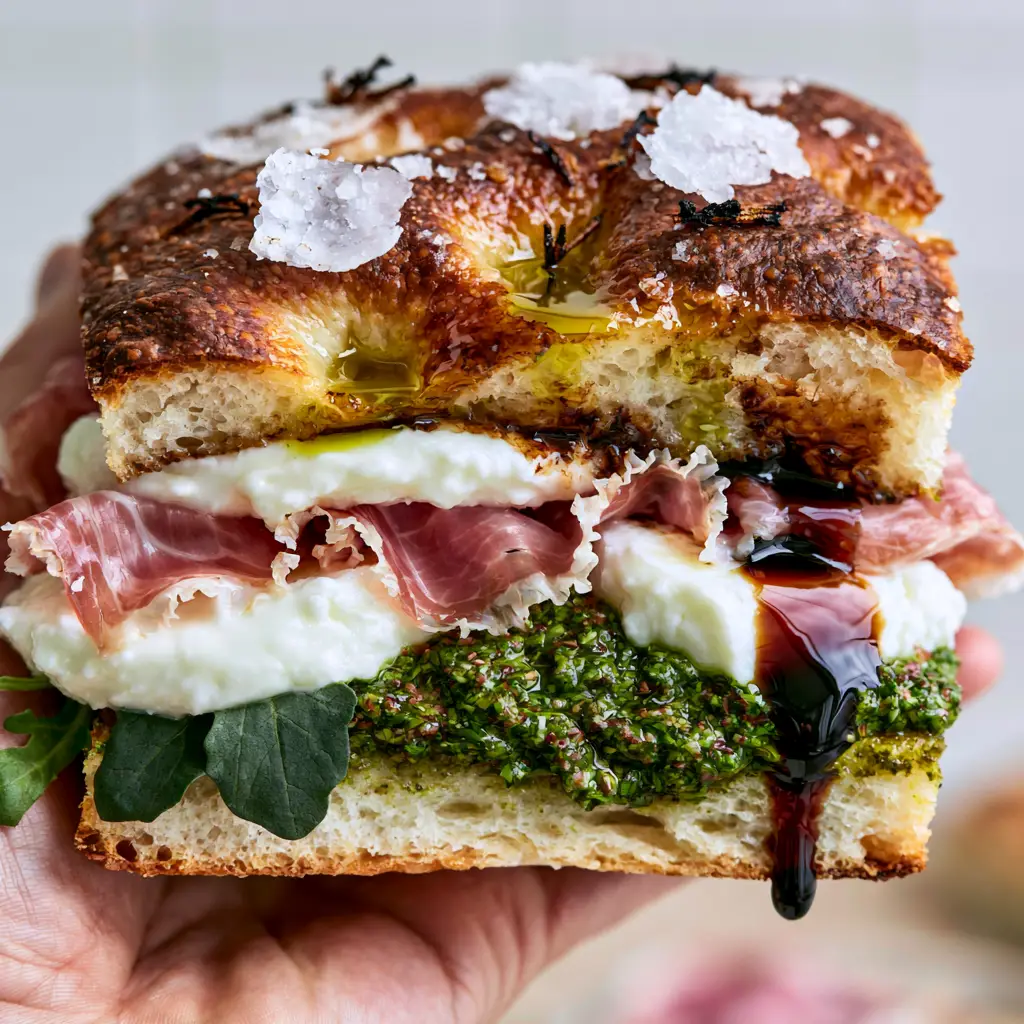 A slow mahogany balsamic glaze drip on a thick Italian Focaccia Sandwich cross-section.