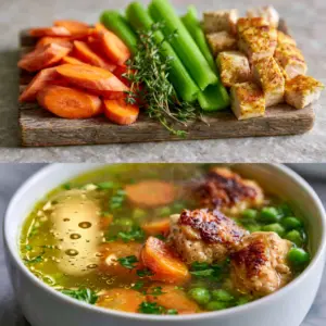 Raw ingredients including carrots, celery, thyme, and seared chicken cubes on a wooden board. (chicken and vegetable soup)