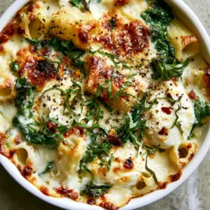 Extreme close-up of Spinach & Ricotta Pasta Bake showing velvety white sauce, rigatoni, and dark green wilted spinach.