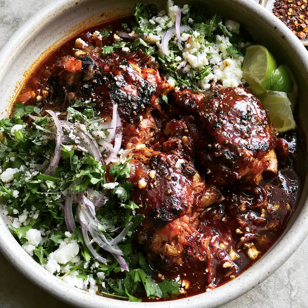 Close up of shredded chicken adobo garnished with red onion slivers and white cotija cheese crumbles.