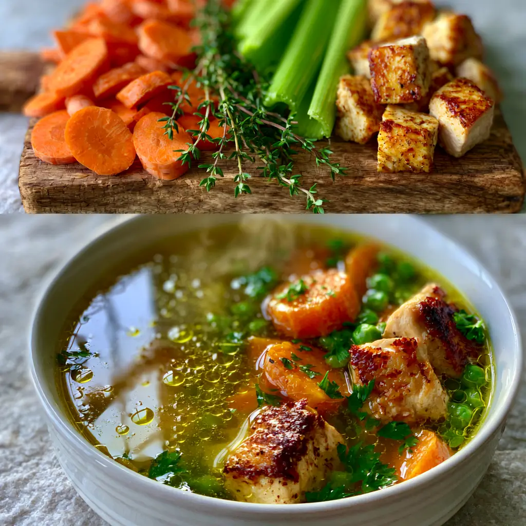 Close-up of a white bowl filled with golden-yellow chicken and vegetable soup with seared chicken chunks and bright green peas.