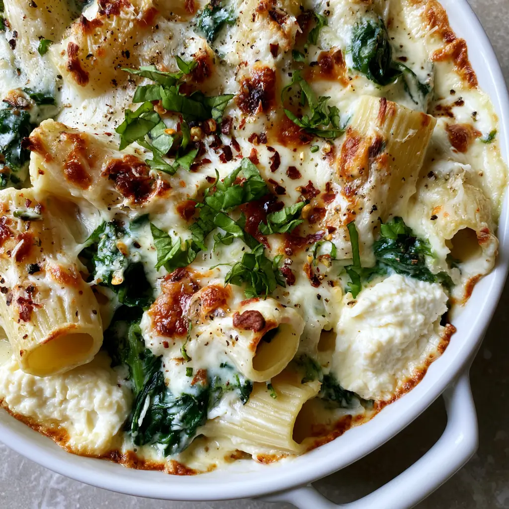 Close-up of toasted golden-brown cheese crust on a Spinach & Ricotta Pasta Bake with red pepper flakes.