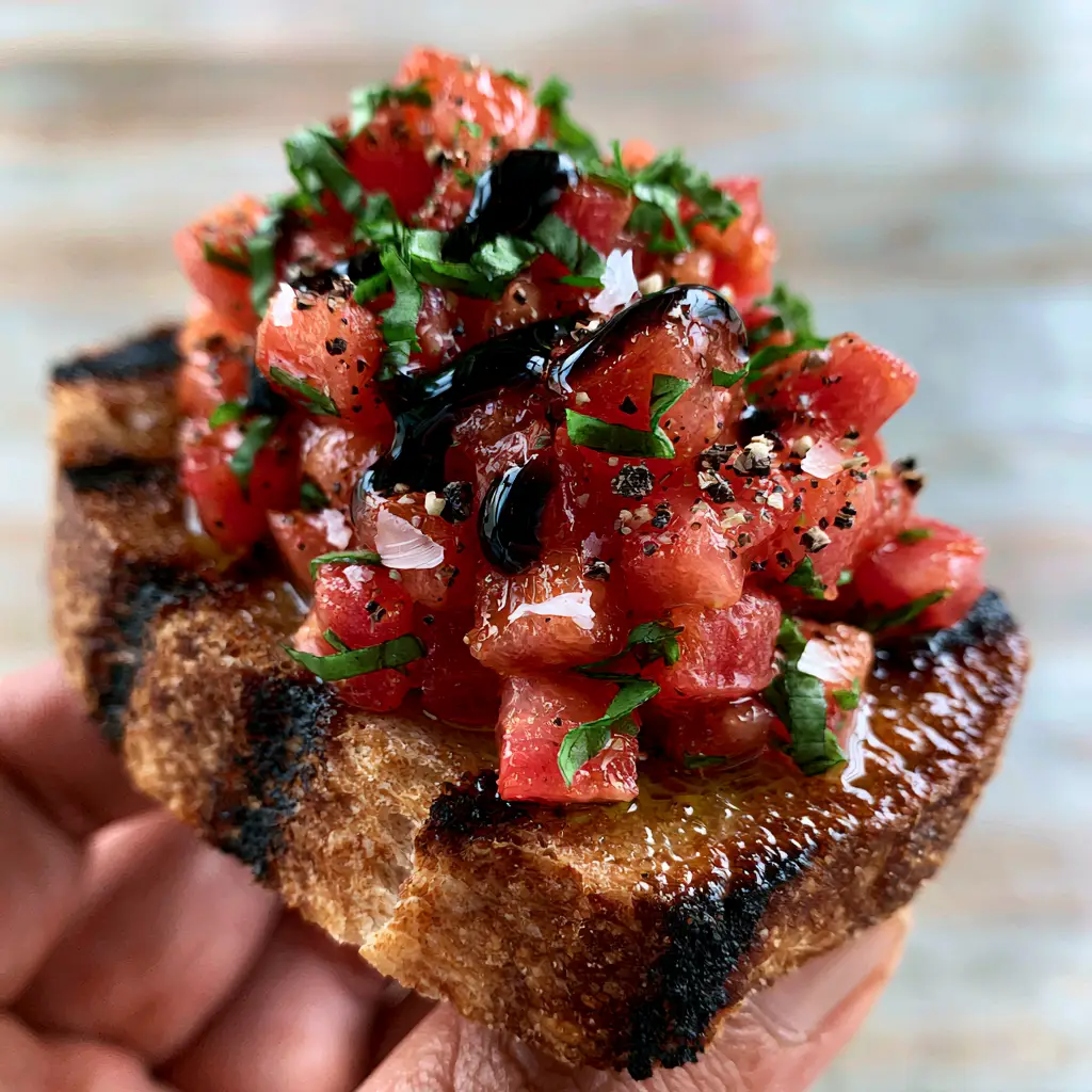 Top-down view of Tomato Bruschetta showcasing the obsidian-colored balsamic reduction and ruby red Roma tomatoes.