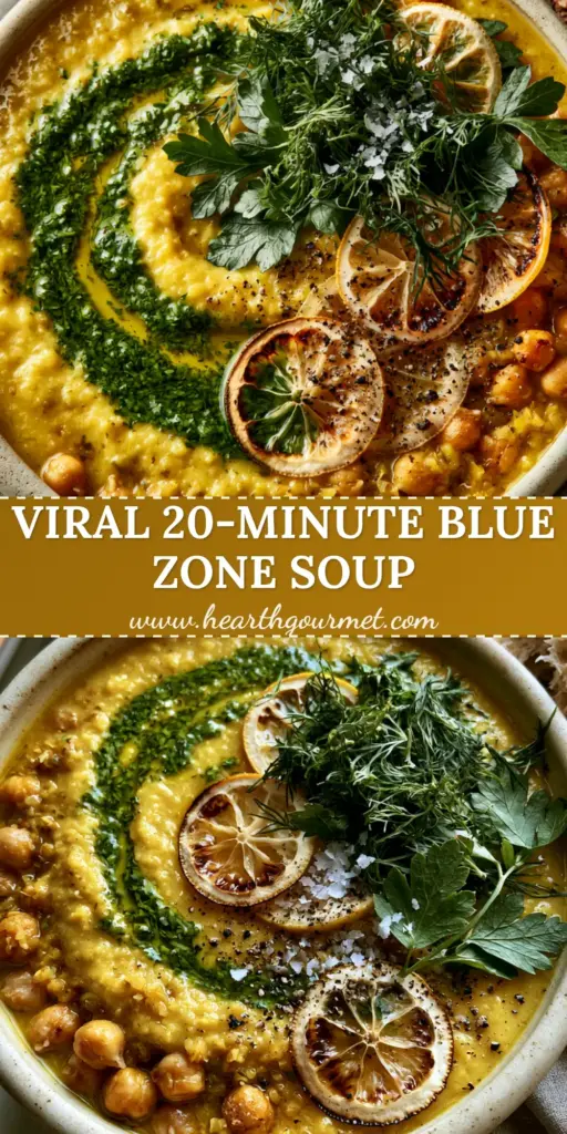 A rustic bowl of velvety golden garbanzo bean soup topped with charred lemon slices and fresh herbs. (garbanzo bean soup)