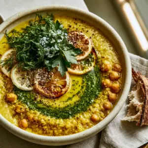 Top-down view of vibrant golden garbanzo bean soup with herb-infused olive oil and sourdough bread. (garbanzo bean soup)