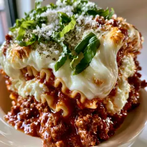 Smartphone photo of crockpot lasagna in a ceramic slow cooker featuring molten mozzarella cheese and fresh basil chiffonade.