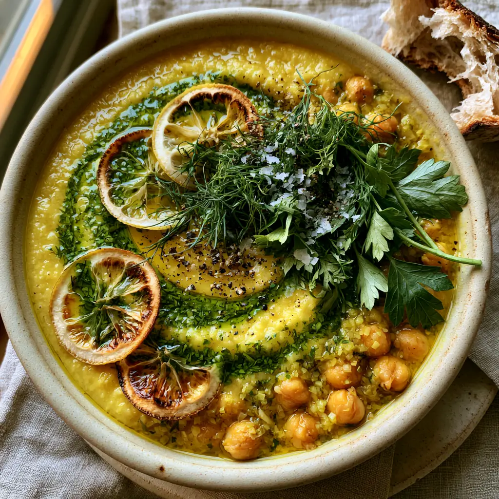 Close-up of charred lemon wheels and fresh dill garnishing a golden garbanzo bean soup.