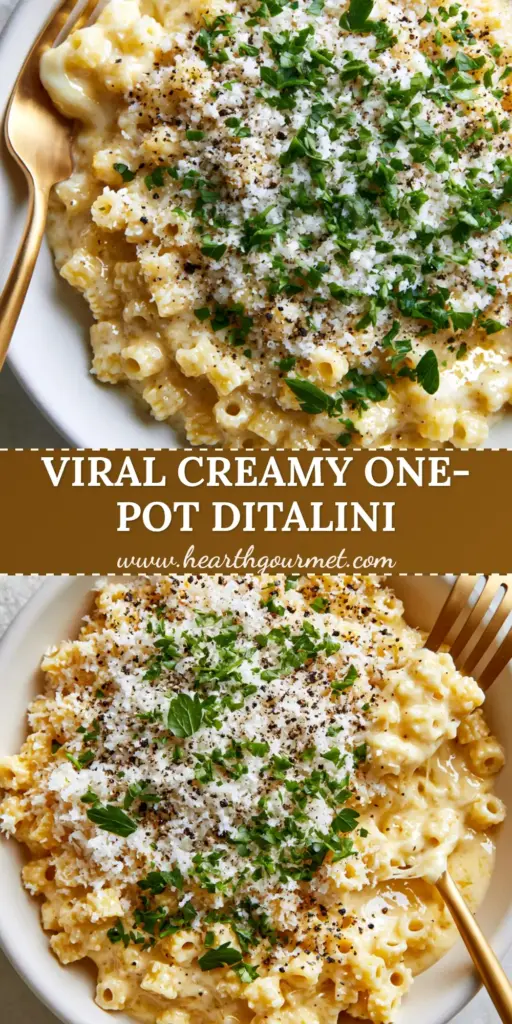 A top-down view of a creamy Ditalini Pasta Recipe in a white bowl with a gold fork, showing a cheese pull. (Ditalini Pasta Recipe)