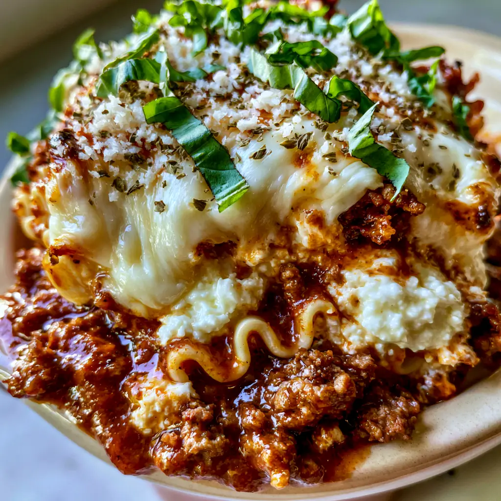 Close up of the wavy lasagna noodles and creamy ricotta pockets in a thick bolognese meat sauce.