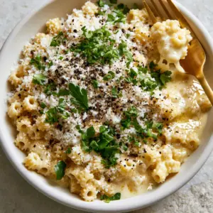 Macro high-angle shot of creamy ditalini pasta with snowy parmesan and emerald parsley. (Ditalini Pasta Recipe)