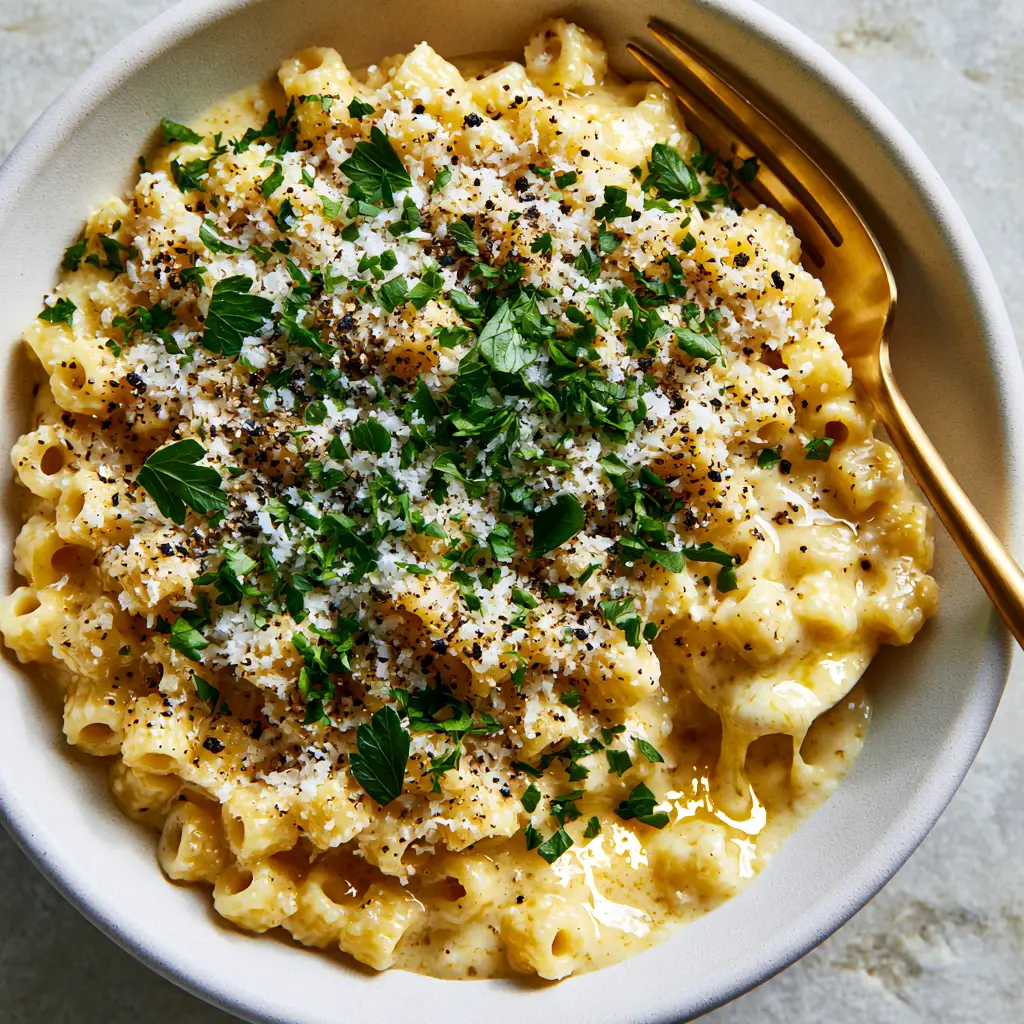 Close up of a gold fork lifting a spoonful of ditalini pasta with a gooey cheese pull. (Ditalini Pasta Recipe)