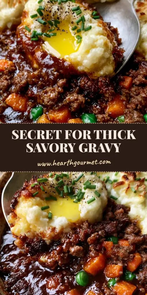 A scoop of Shepherd's Pie showing layers of ground beef in mahogany gravy and golden potato peaks. (Shepherd's Pie recipe)
