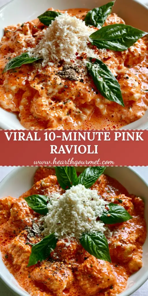 A shallow white ceramic pasta bowl filled with cheese ravioli in a vibrant pink ravioli sauce topped with parmesan and basil.