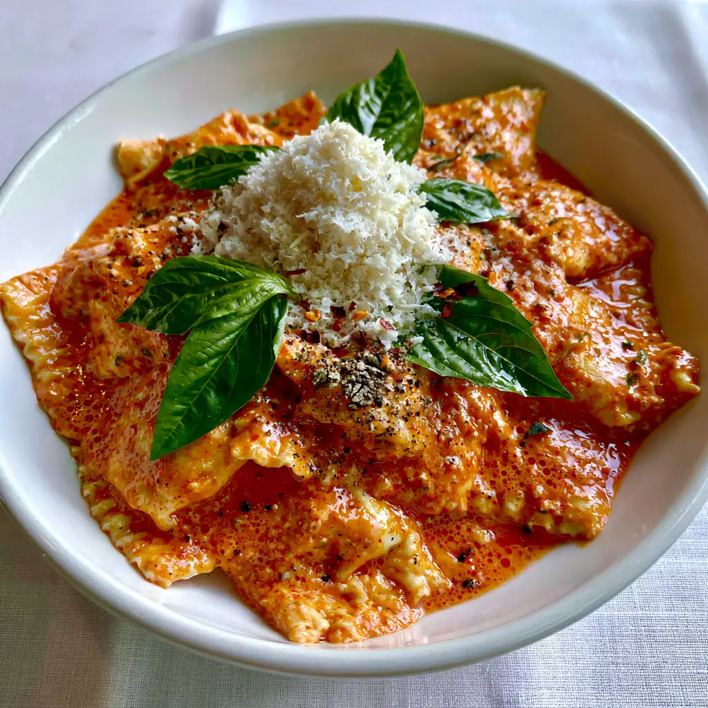 Close up of a mountain of finely grated parmesan cheese and whole basil leaves on ravioli sauce.
