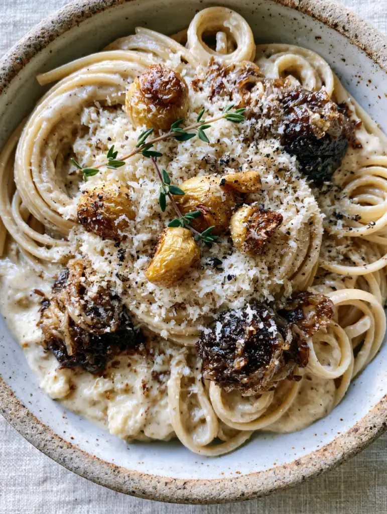 Caramelized Onion Pasta with Roasted Garlic and Silky Parmesan Cream 2 Close-up of al dente linguine in a white parmesan cream sauce with dark jammy onions. (Caramelized Onion Pasta)