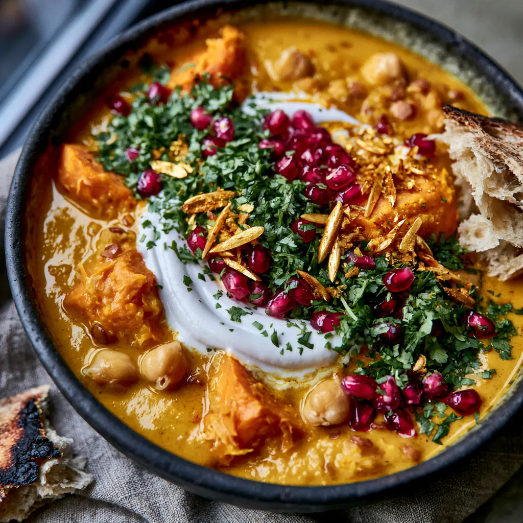 Detail shot of the velvety orange broth and chickpeas in a vegan moroccan stew.