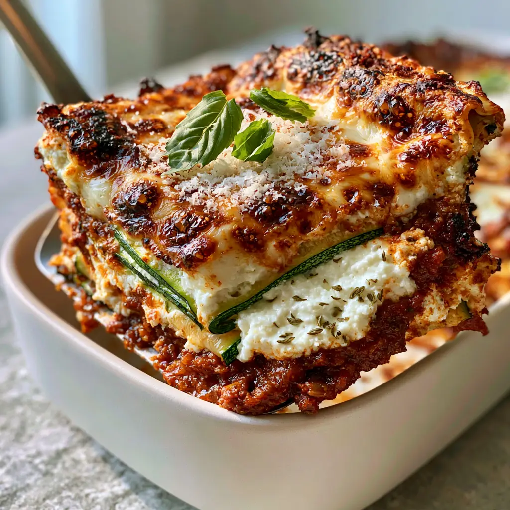 Zucchini Lasagna: The Ultimate Guide to a Firm, No-Sog Low-Carb Masterpiece 2 Eye-level shot of a metal spatula lifting a slice of zucchini lasagna with bubbly charred mozzarella and chunky red sauce. (zucchini lasagna)
