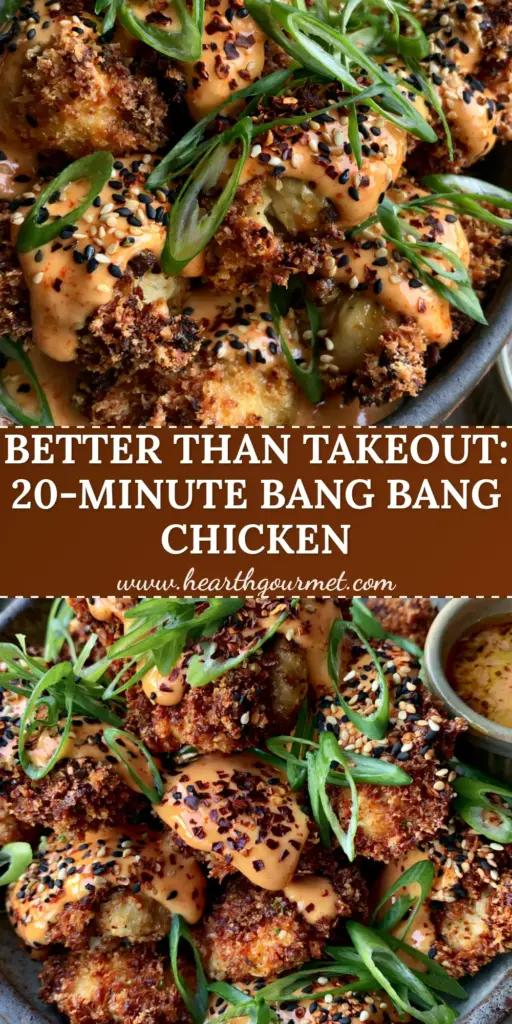 Bang Bang Chicken Thighs: The Ultimate Crispy, Sweet, and Spicy Dinner 4 A close-up shot of crispy panko-crusted Bang Bang Chicken Thighs piled in a dark bowl, drizzled with glossy orange sauce and garnished with scallions and sesame seeds.