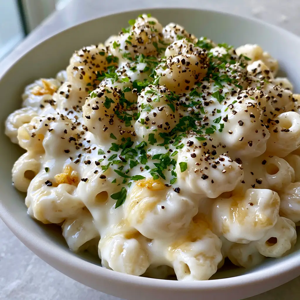 Ditalini Pasta with a Glossy Garlic Cream Sauce and Cracked Pepper 2 Extreme close-up of glossy ditalini pasta with streaks of melted parmesan and golden garlic bits. (ditalini pasta)