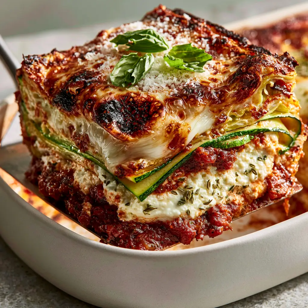 Zucchini Lasagna: The Ultimate Guide to a Firm, No-Sog Low-Carb Masterpiece 1 Close up of zucchini lasagna showing the creamy herb-flecked ricotta and golden brown cheese spots. (zucchini lasagna)
