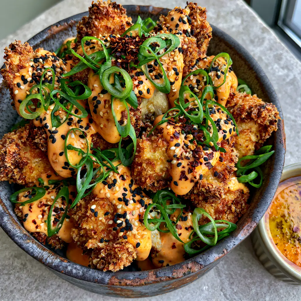 Bang Bang Chicken Thighs: The Ultimate Crispy, Sweet, and Spicy Dinner 2 A top-down macro shot of crispy golden-brown panko-crusted chicken thigh nuggets piled high in a rustic dark grey ceramic bowl. (Bang Bang Chicken Thighs)