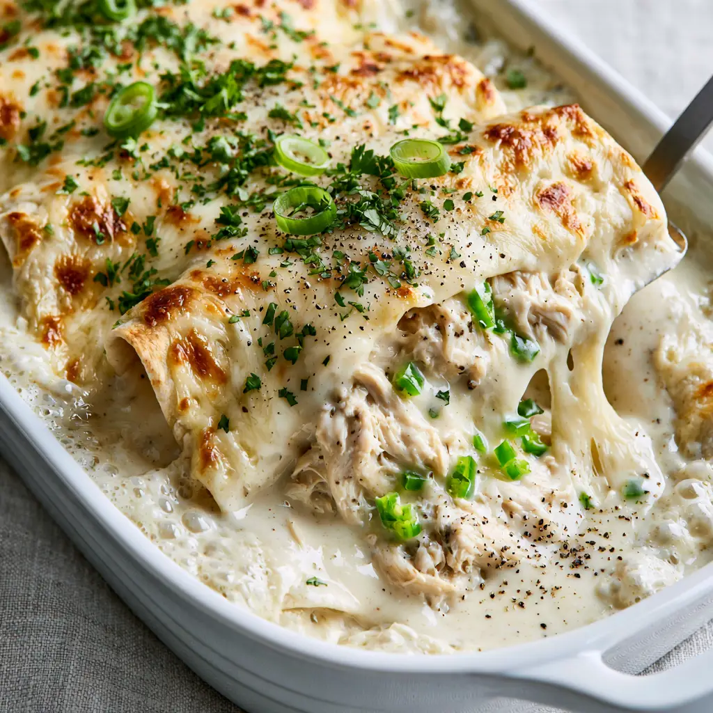A wide shot of shredded chicken enchiladas in a white ceramic dish garnished with green scallions and black pepper. (shredded chicken enchiladas)