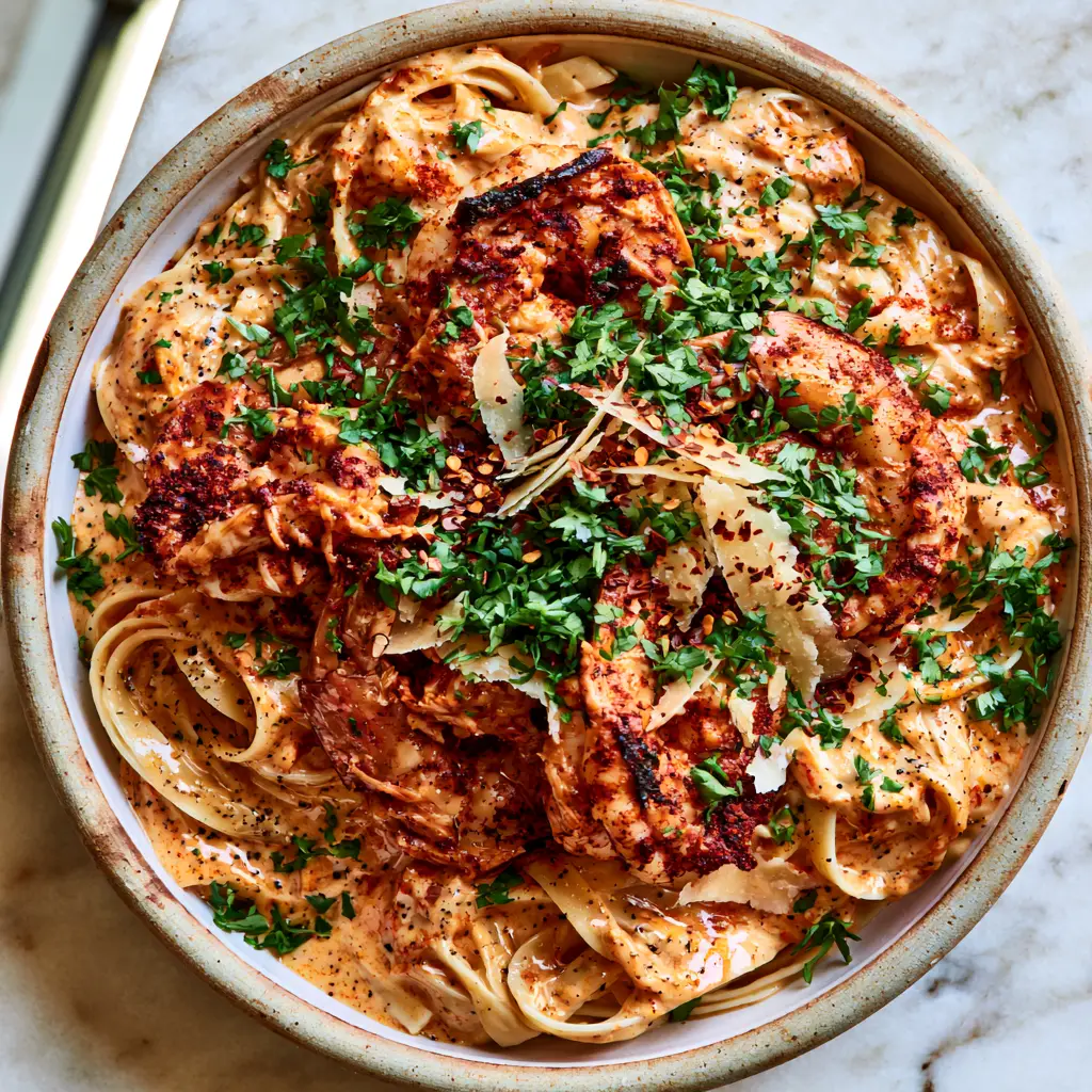 Overhead view of Creamy Cajun Shrimp Pasta showing the melting parmesan shavings and red pepper flakes.