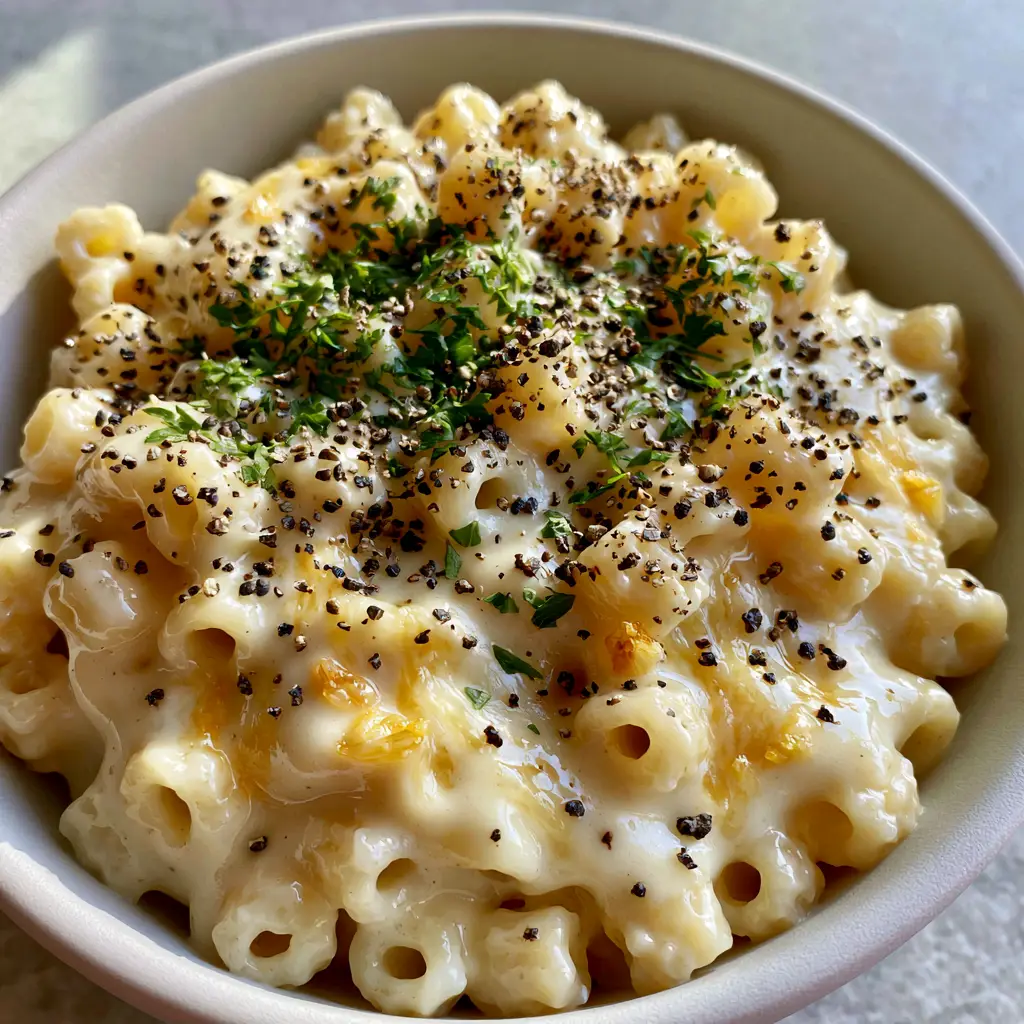 Ditalini Pasta with a Glossy Garlic Cream Sauce and Cracked Pepper 1 High-angle photo of creamy ditalini pasta with a shower of cracked black pepper and Italian parsley.