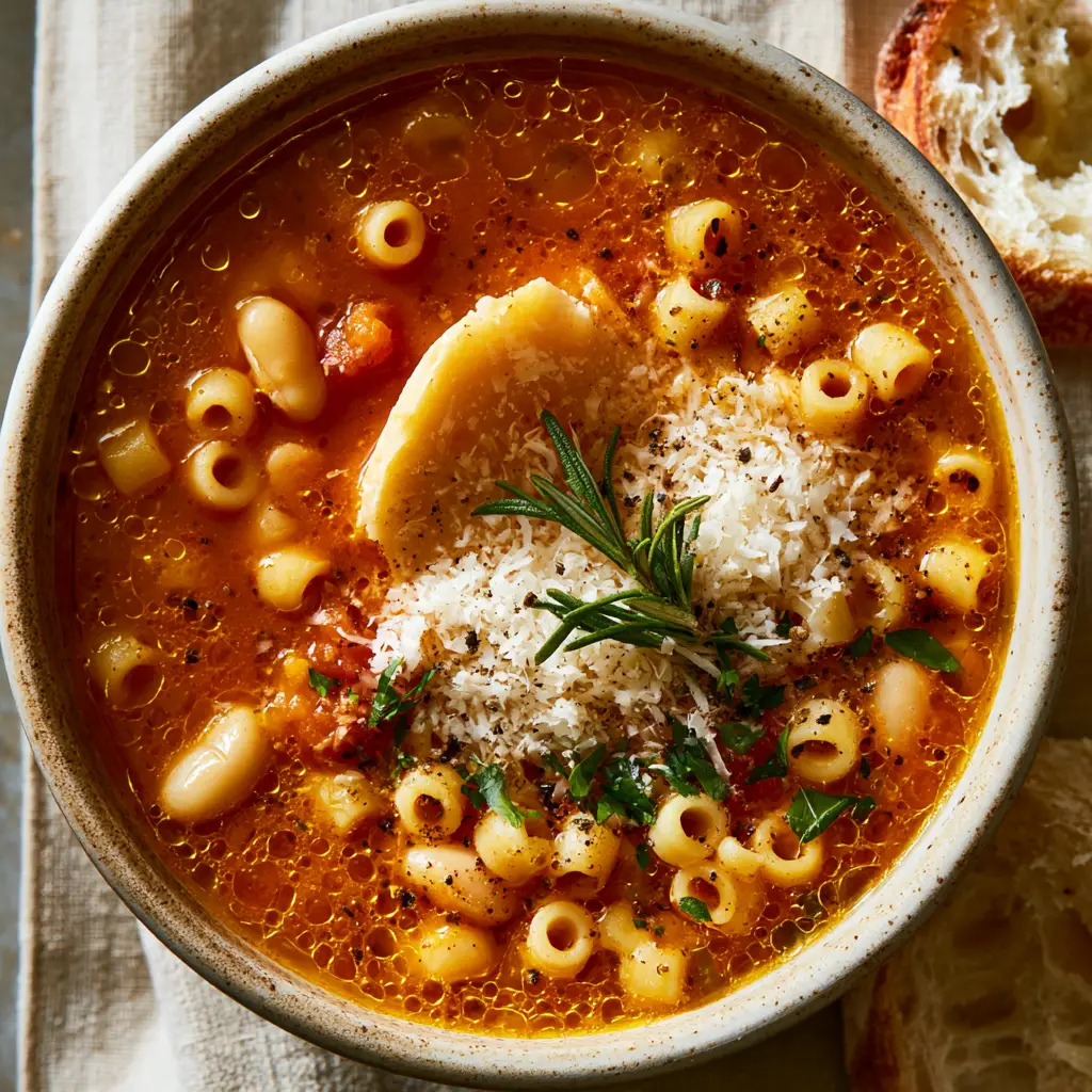 Overhead shot of Pasta Fagioli served with torn sourdough bread on a linen napkin.
