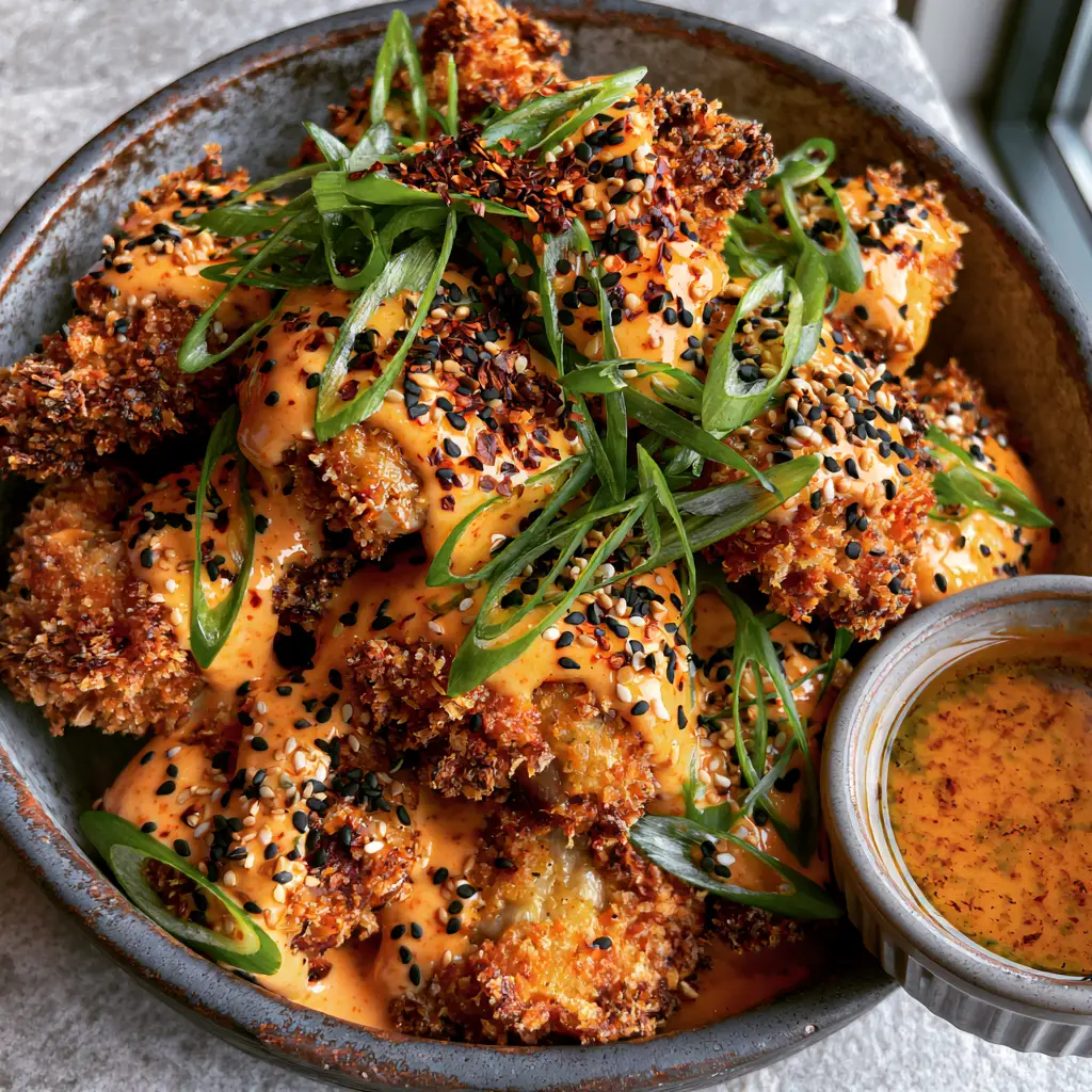 Bang Bang Chicken Thighs: The Ultimate Crispy, Sweet, and Spicy Dinner 1 Juicy interior of a panko-crusted chicken thigh nugget drizzled with creamy bang bang sauce. (Bang Bang Chicken Thighs)