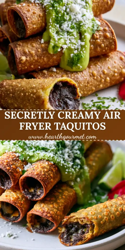 A stack of golden-brown air-fried corn taquitos with a zigzag drizzle of avocado crema and snowy cotija cheese. (Creamy Black Bean Taquitos)