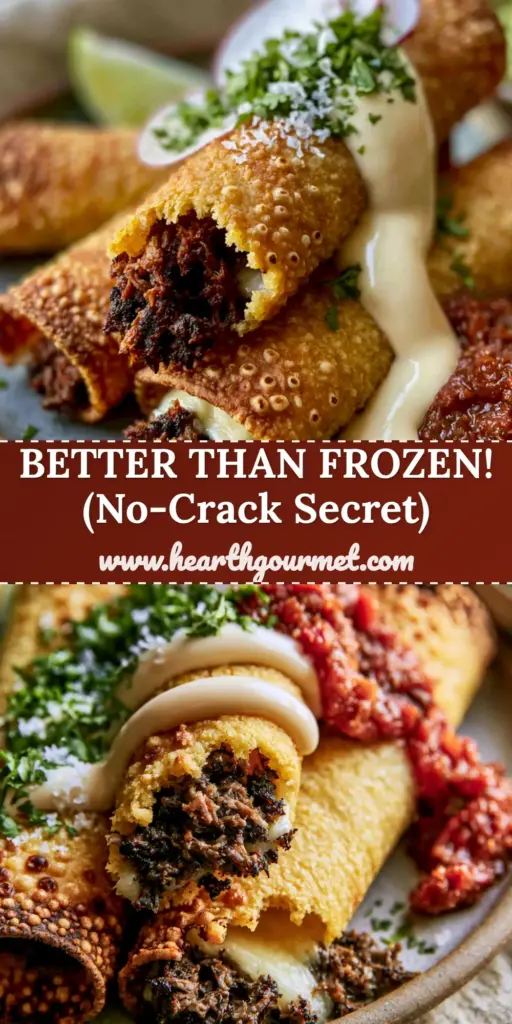 Beef Taquitos: The Ultimate Shatter-Crisp Golden-Brown Recipe 4 A stack of three crispy golden-brown beef taquitos on a clay plate with crema zigzag and radish garnish. (beef taquitos)