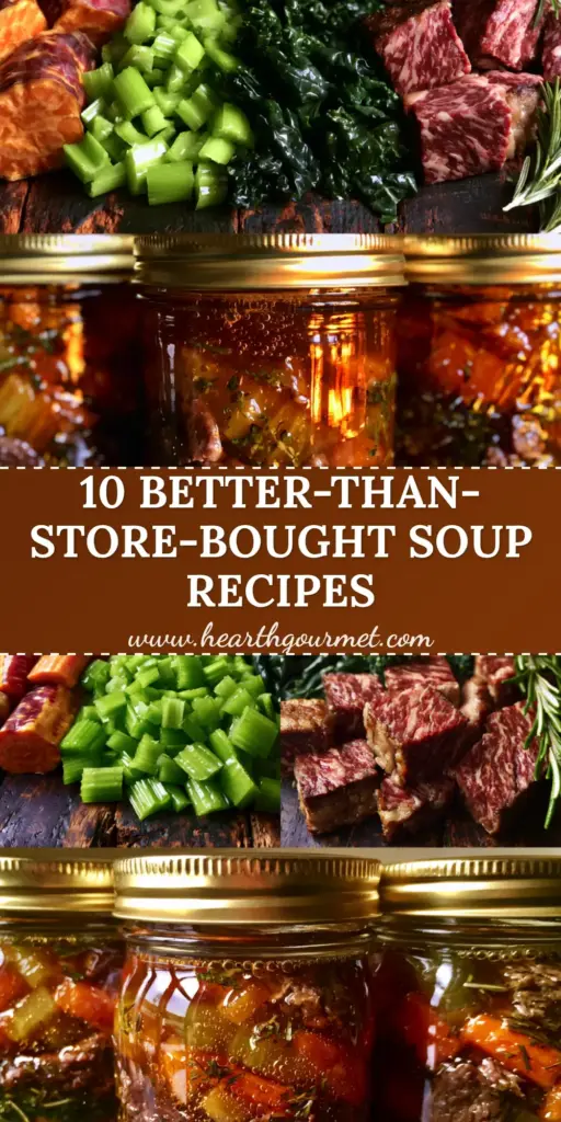 A vertical split-screen showing raw beef, carrots, and kale above three sealed Mason jars of beef and barley soup to can recipes.