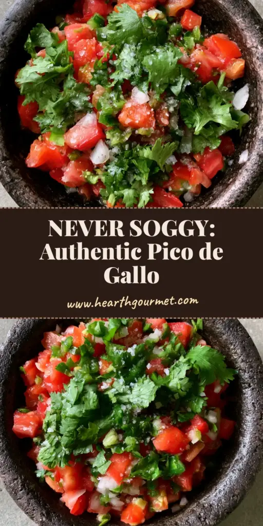 A top-down view of authentic Pico de Gallo in a dark stone molcajete with vibrant diced tomatoes and cilantro.