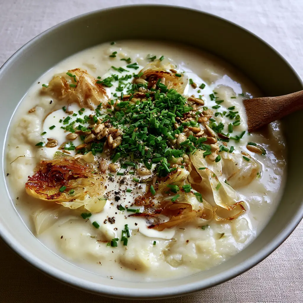 Creamy Cabbage Soup: A Velvety Ivory Masterpiece 2 Close-up smartphone photo of ivory creamy cabbage soup in a matte ceramic bowl with a wooden spoon. (creamy cabbage soup)