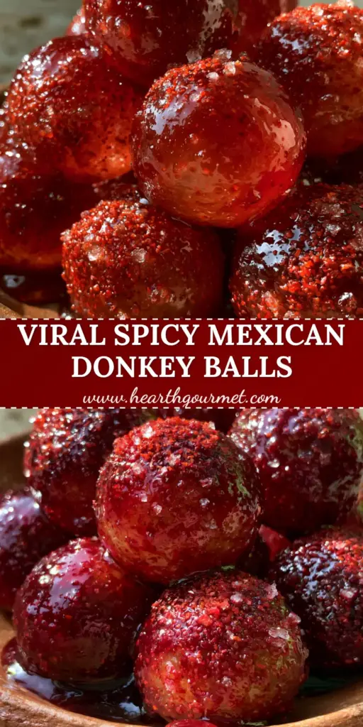 Spicy Mexican Donkey Balls: The Ultimate Dulce Enchilado Recipe 4 A close up pile of spicy mexican donkey balls in a rustic bowl, glistening with chamoy and encrusted in salt and chili lime seasoning.