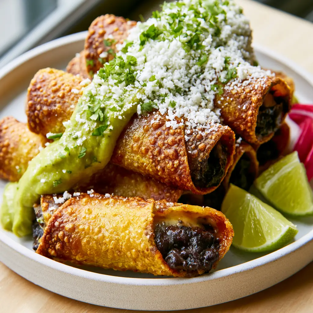A stack of golden taquitos topped with bright green avocado crema and cilantro, served with lime wedges and radish slices. (Creamy Black Bean Taquitos)